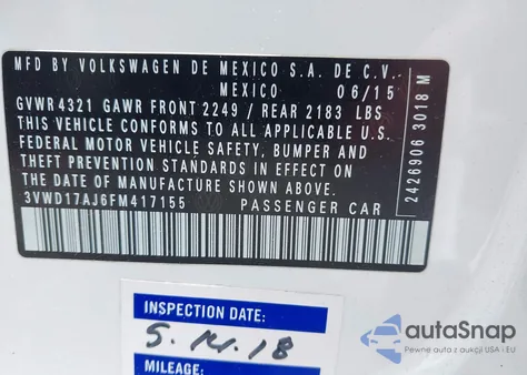 2015 Volkswagen Jetta 1.8T Se из США, поврежденный, VIN 3VWD17AJ6FM417155